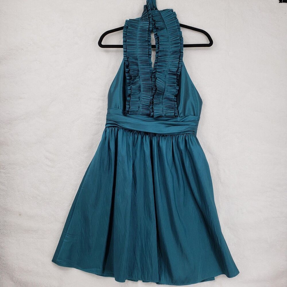 WTOO Dress Womens Size 10 Teal Halter Pleated Ruffle Formal Cocktail Party Gown